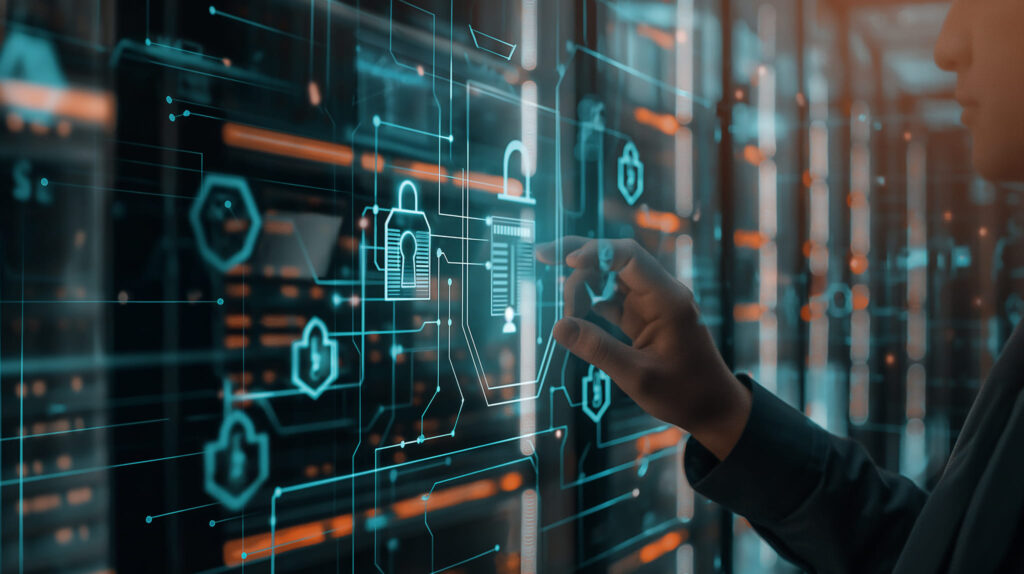 Hand touching a computer screen with digital lock icons representing cybersecurity for business protection and data security
