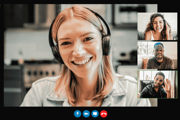 Employees in a virtual Teams meeting demonstrating how to work remote effectively through secure collaboration and communication tools.