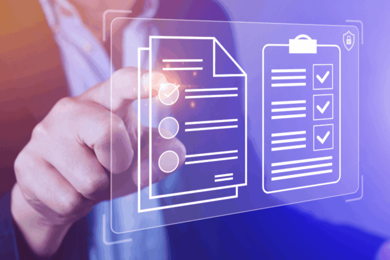 Hand interacting with a digital folder interface and checklist icon, representing streamlined document management solutions.