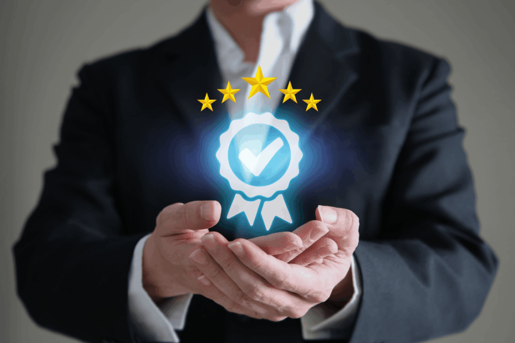 A business professional holding a glowing digital blue ribbon surrounded by five stars, symbolizing high standards, reliability, and excellence in IT standards.