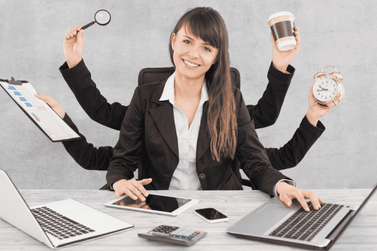 Concept illustration of a businesswoman multitasking with six arms, representing the overload of managing IT and business operations