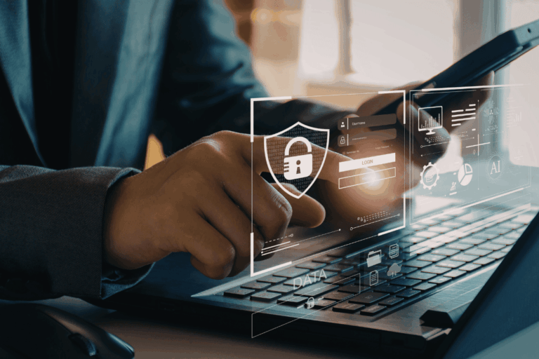 Business leader reviewing cybersecurity data and security metrics on a computer screen while planning a cybersecurity budget.