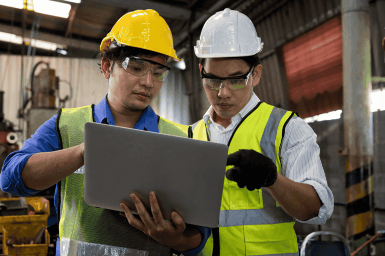 Manufacturing professionals reviewing systems on a computer supported by IT business solutions.