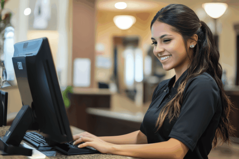 Hotel front desk staff member working at a computer supported by an IT solutions provider.