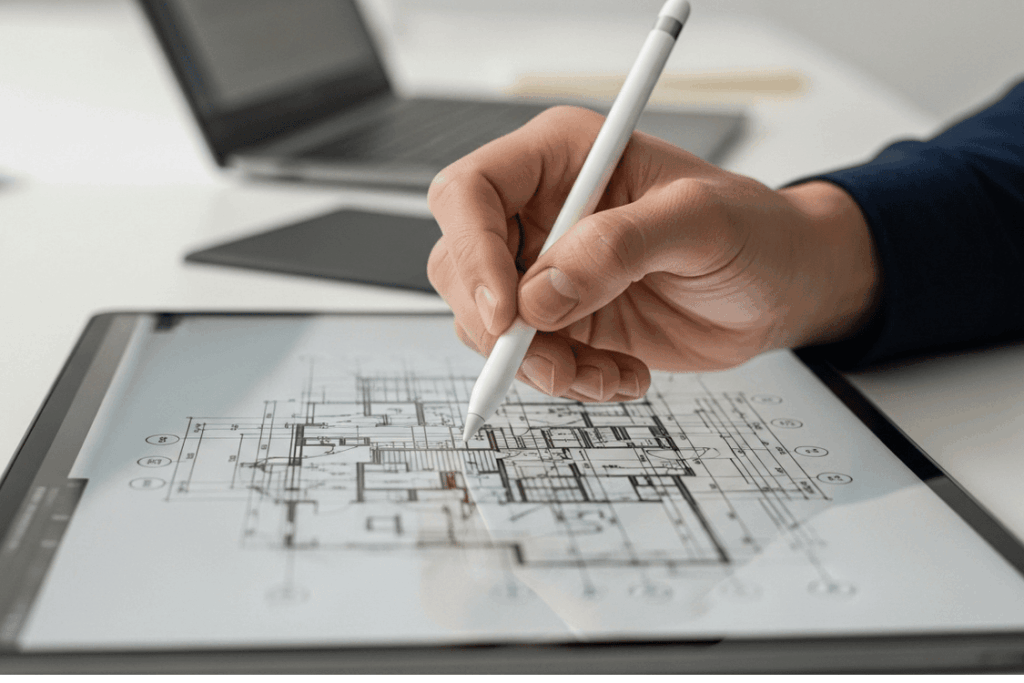 Architect working on design files with secure IT solution services in place.