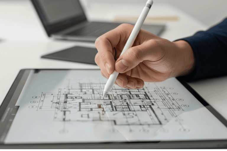 Architect working on design files with secure IT solution services in place.