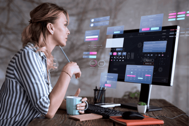 Executive monitoring IT performance metrics on a digital dashboard at a managed service provider.