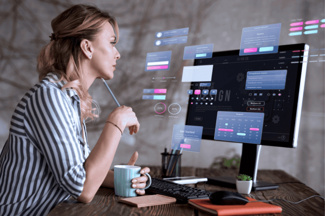 Executive monitoring IT performance metrics on a digital dashboard at a managed service provider.