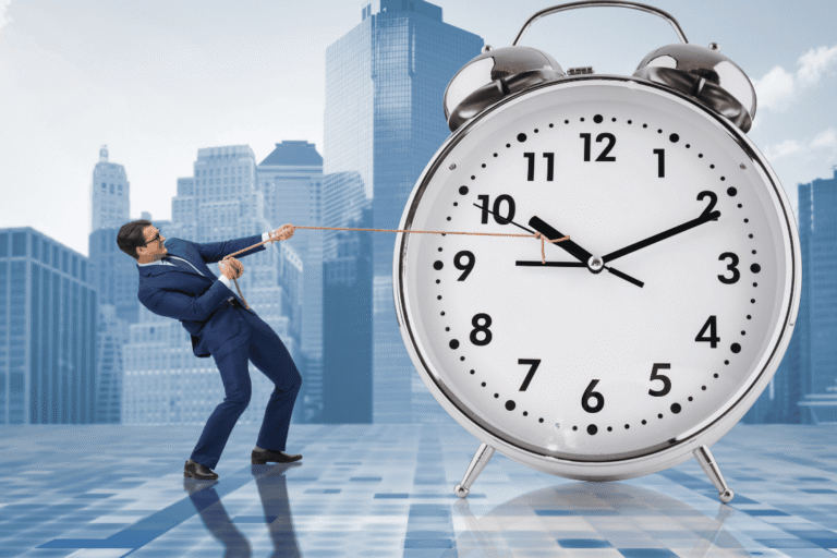 Man pulling on clock hands with a rope, symbolizing the risk of delaying IT decisions in business
