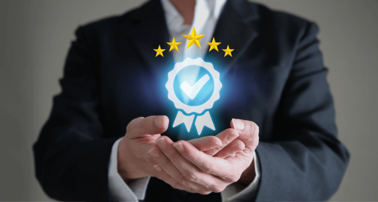 Business leader holding a digital blue ribbon with check mark and five stars, representing MSP guarantee, quality service, and trusted IT partnership