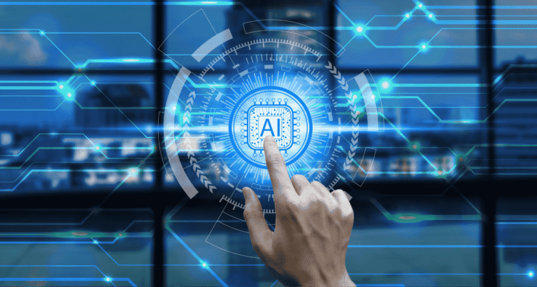 Close-up graphic of a hand pressing an AI activation button on a control panel, representing AI security risks, business AI adoption, and the importance of safe AI implementation in production environments.