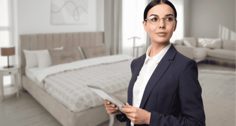 Female hotel executive using a tablet to manage operations, representing leadership beyond hotel IT support