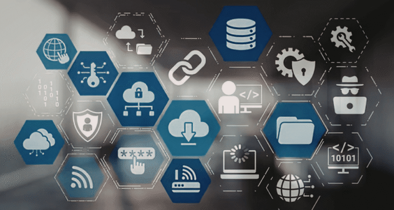 icons of secure endpoints and cybersecurity systems to protect production operations.