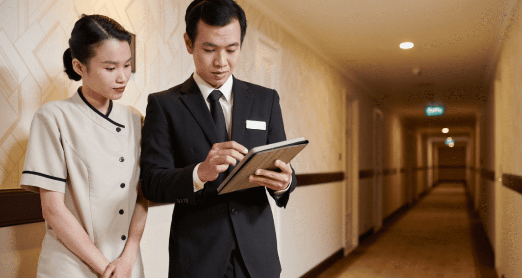 Hotel manager working remotely on a laptop while securely accessing hotel management systems and collaborating with staff across multiple properties.
