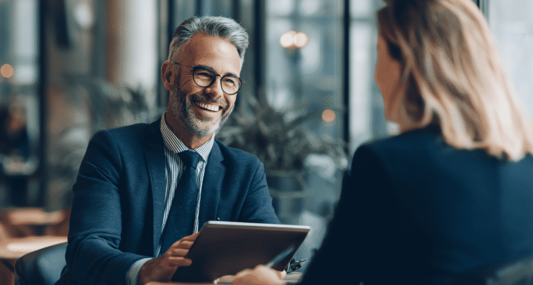 Managed IT Protects Client Trust: Financial advisor meeting with clients in a professional office while reviewing financial plans on a laptop, representing secure technology, client confidence, and trusted financial services.