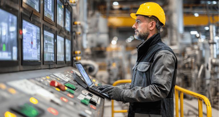 Manufacturing IT monitoring in action with a factory employee reviewing production data on a computer.